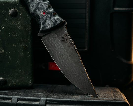 Hybrid Crow Cub Blade/Disaster Cub Handle- Black and Grey Elephant Print Jordan Canvas Micarta, Red and Silver Mosaic Pins, CF Lanyard Pin, Textured Grip