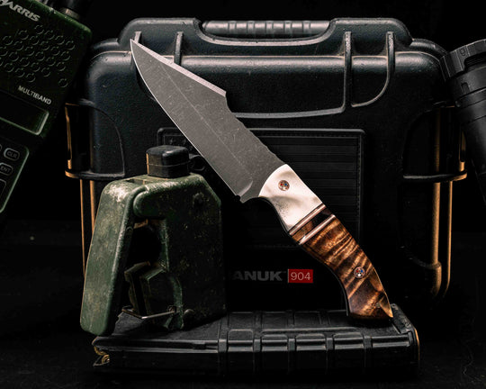 Widow Maker- Elk Antler, Black G10, White G10 and Copper Pin Striping, Hawaiian Curly Koa Split, Hawaiian Curly Koa, Copper Patriot Mosaic Pins, 1/8" Mosaic Pin, Textured Grip