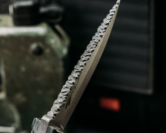 Hybrid Crow Cub Blade/Disaster Cub Handle- Black and Grey Elephant Print Jordan Canvas Micarta, Red and Silver Mosaic Pins, CF Lanyard Pin, Textured Grip