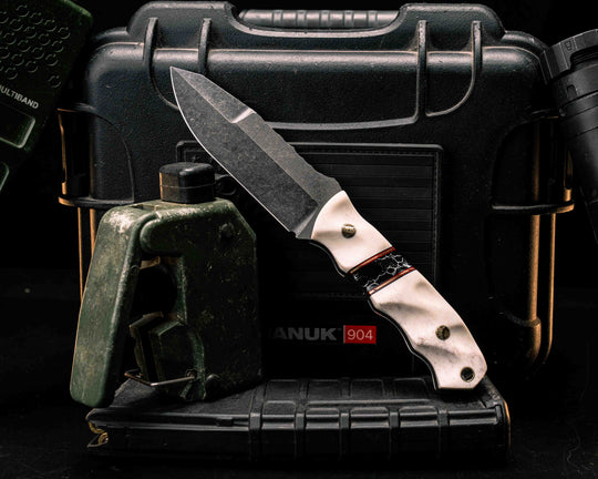 Disaster Jr Gen 3- Elk Antler, Black G10, Cherry G10 and Brass Pin Striping, Black with White Web Tru-stone Split, Mosaic Pins, Brass Lanyard Pin, Textured Grip