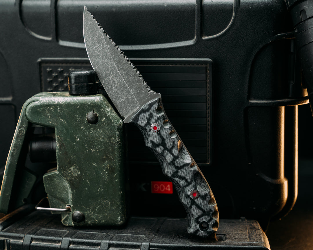 Hybrid Crow Cub Blade/Disaster Cub Handle- Black and Grey Elephant Print Jordan Canvas Micarta, Red and Silver Mosaic Pins, CF Lanyard Pin, Textured Grip