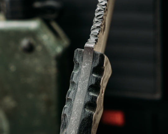 Hybrid Crow Cub Blade/Disaster Cub Handle- Black and Grey Elephant Print Jordan Canvas Micarta, Red and Silver Mosaic Pins, CF Lanyard Pin, Textured Grip