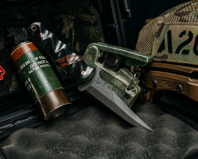 Combat Filet- Black Burlap Micarta, Black G10 and Brass Pin Striping, Desert Ironwood Split, Mosaic Pins, Copper Lanyard Pin, Textured Grip