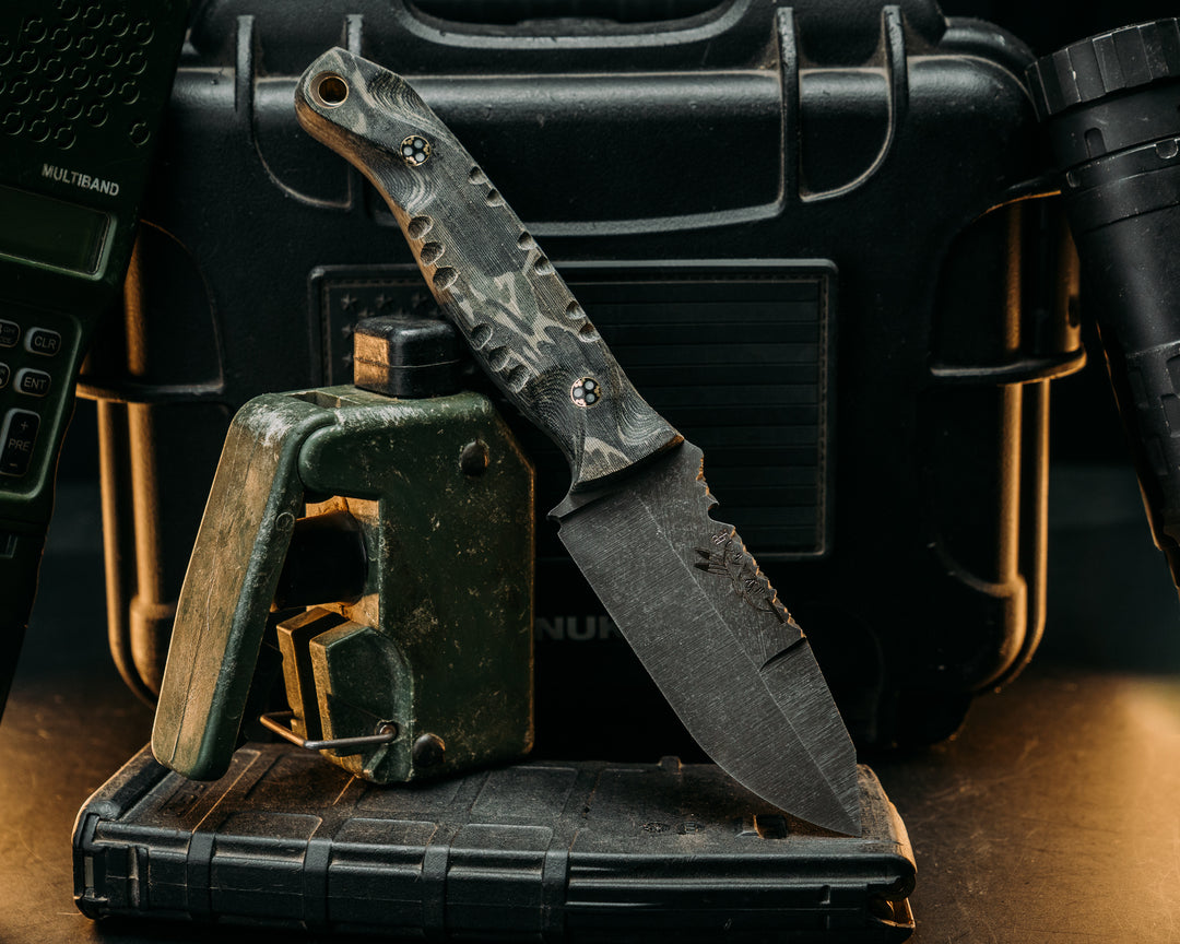 Breacher Jr- Crow Jr Hybrid- Vietnam Tiger Stripe Cammie Micarta, Mosaic Glow Pins, Brass Lanyard Glow Pin, Textured Grip