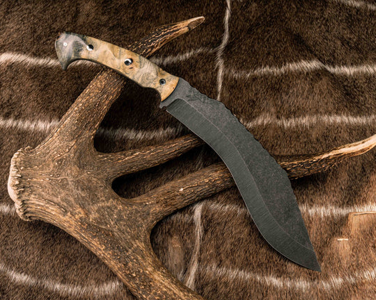 Kukri- Buckeye Burl, Mosaic Pins, Textured Grip