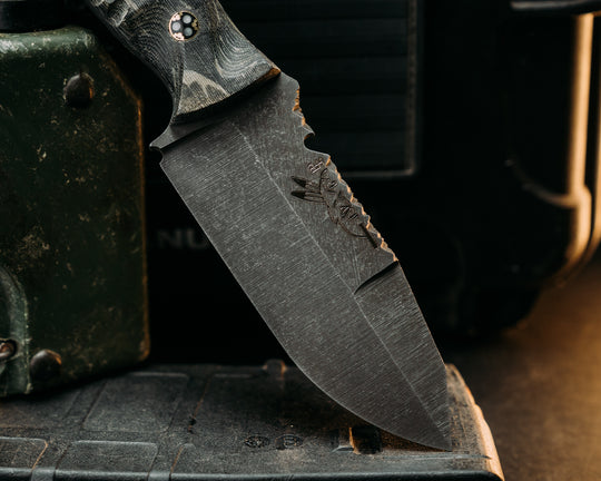 Breacher Jr- Crow Jr Hybrid- Vietnam Tiger Stripe Cammie Micarta, Mosaic Glow Pins, Brass Lanyard Glow Pin, Textured Grip