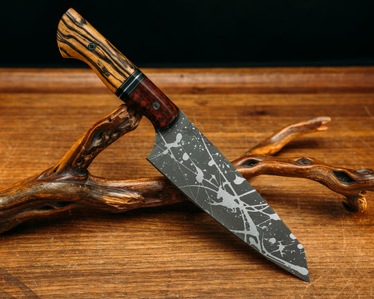 Santoku - Snakewood, Black G10 & Brass Pin Striping, Aluminum Split, Black & White Ebony, Mosaic Pins, Smooth Grip.