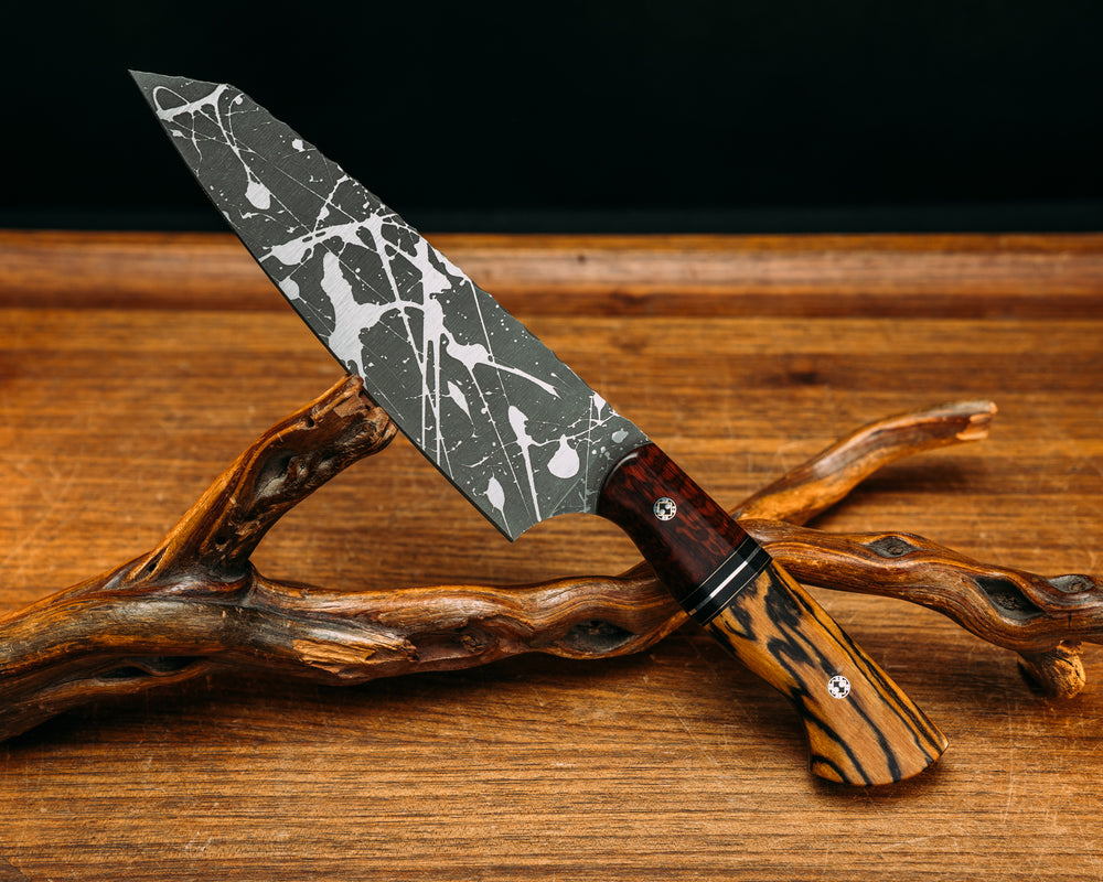 Santoku - Snakewood, Black G10 & Brass Pin Striping, Aluminum Split, Black & White Ebony, Mosaic Pins, Smooth Grip.