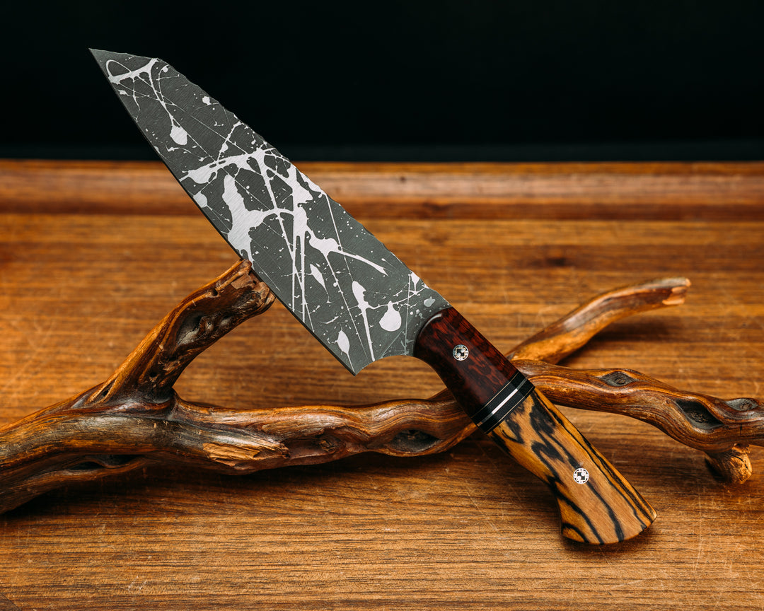 Santoku - Snakewood, Black G10 & Brass Pin Striping, Aluminum Split, Black & White Ebony, Mosaic Pins, Smooth Grip.