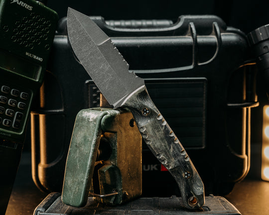 Breacher Jr- Crow Jr Hybrid- Vietnam Tiger Stripe Cammie Micarta, Mosaic Glow Pins, Brass Lanyard Glow Pin, Textured Grip