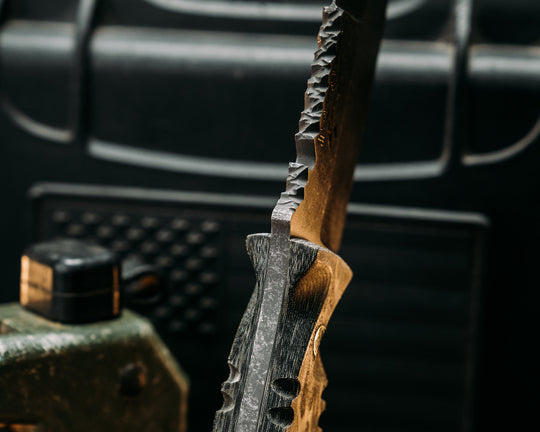 Breacher Jr- Crow Jr Hybrid- Vietnam Tiger Stripe Cammie Micarta, Mosaic Glow Pins, Brass Lanyard Glow Pin, Textured Grip