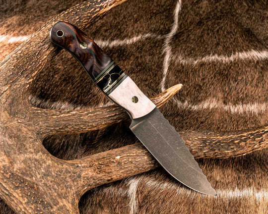 Crow Jr- Elk Antler, Black G10, OD Green G10 and Brass Pin Striping, Black with Gold Web Tru-stone Split, Desert Ironwood, Mosaic Pins, Brass Lanyard Pin, Textured Grip