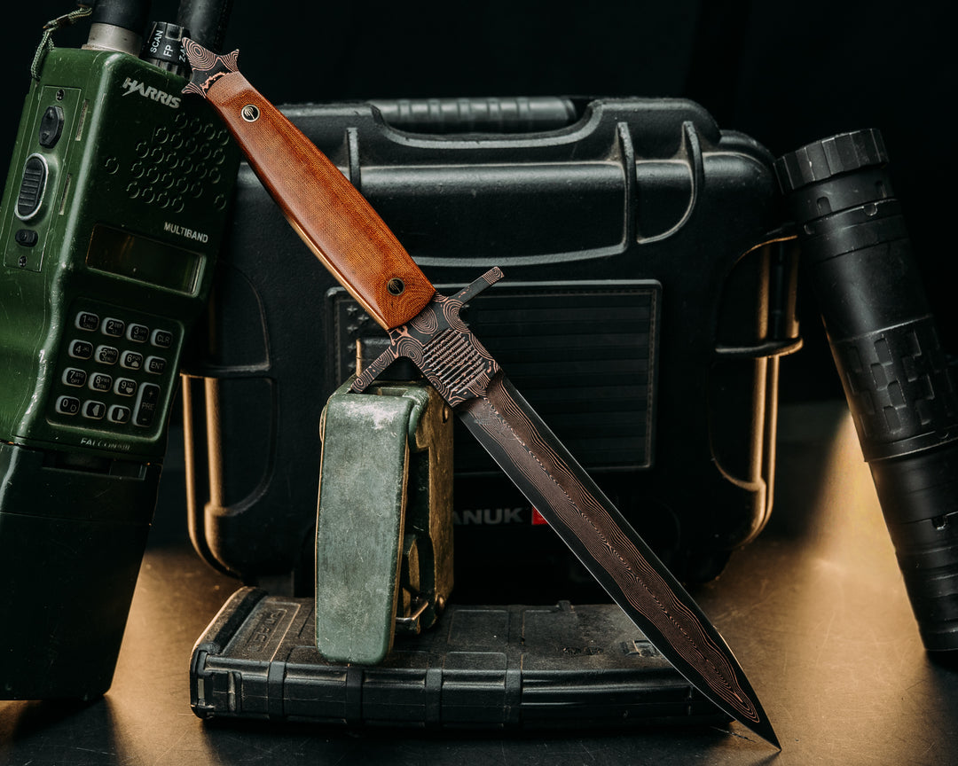 V-42 Dagger- Baker Forge Raindrop CopperMai- Vintage Brown Linen Micarta, Mosaic Pins, Smooth Grip