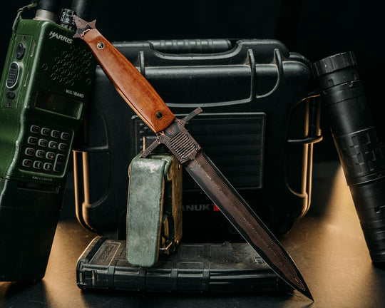 V-42 Dagger- Baker Forge Raindrop CopperMai- Vintage Brown Linen Micarta, Mosaic Pins, Smooth Grip