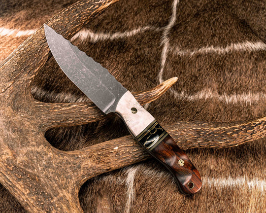 Crow Jr- Elk Antler, Black G10, OD Green G10 and Brass Pin Striping, Black with Gold Web Tru-stone Split, Desert Ironwood, Mosaic Pins, Brass Lanyard Pin, Textured Grip