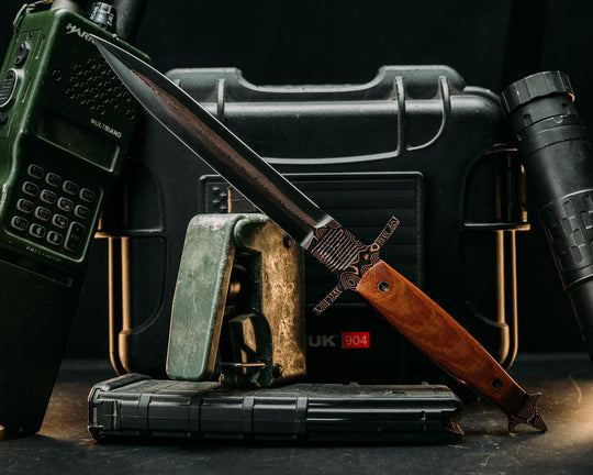 V-42 Dagger- Baker Forge Raindrop CopperMai- Vintage Brown Linen Micarta, Mosaic Pins, Smooth Grip
