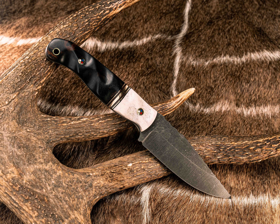 Crow Jr- Elk Antler, Black G10, Brass and Brown Canvas Micarta Split, Desert Ironwood, Patriot Mosaic Pins, Brass Lanyard Pin, Textured Grip