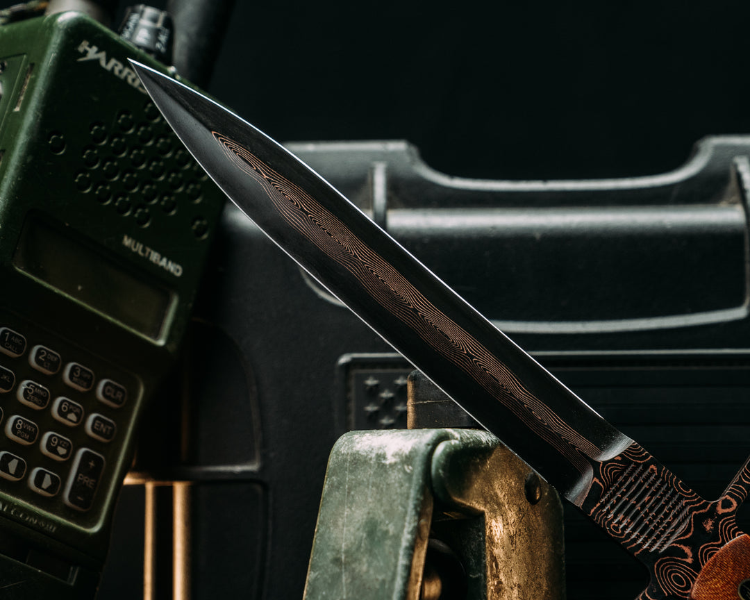 V-42 Dagger- Baker Forge Raindrop CopperMai- Vintage Brown Linen Micarta, Mosaic Pins, Smooth Grip