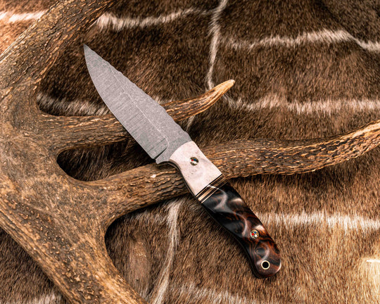 Crow Jr- Elk Antler, Black G10, Brass and Brown Canvas Micarta Split, Desert Ironwood, Patriot Mosaic Pins, Brass Lanyard Pin, Textured Grip