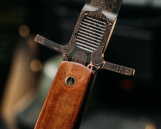 V-42 Dagger- Baker Forge Raindrop CopperMai- Vintage Brown Linen Micarta, Mosaic Pins, Smooth Grip