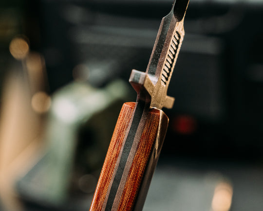 V-42 Dagger- Baker Forge Raindrop CopperMai- Vintage Brown Linen Micarta, Mosaic Pins, Smooth Grip