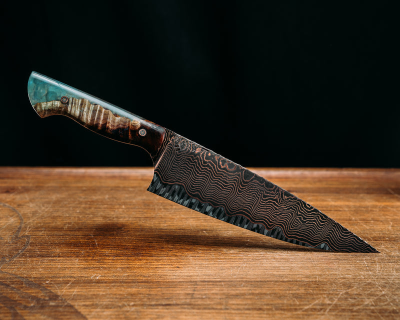 Chef Blade- Baker Forge CopperMai Ladder- Hawaiian Curly Koa, and Pearl Resin, Mosaic Pins, Smooth Grip