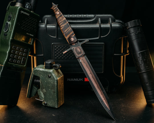V-42 Dagger- Baker Forge Random Pattern CopperMai- Hawaiian Curly Koa, Copper Patriot Mosaic Pins, Smooth Grip