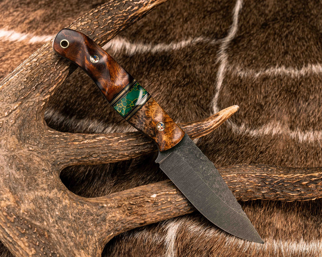 Crow Jr- Amboyna Burl, Black G10 and Brass Pin Striping, Arizona Jade Tru-stone Split, Desert Ironwood, Patriot Mosaic Pins, Brass Lanyard Pin, Textured Grip