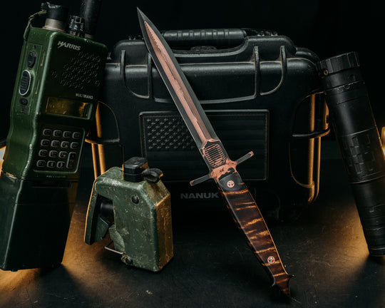 V-42 Dagger- Baker Forge Random Pattern CopperMai- Hawaiian Curly Koa, Copper Patriot Mosaic Pins, Smooth Grip
