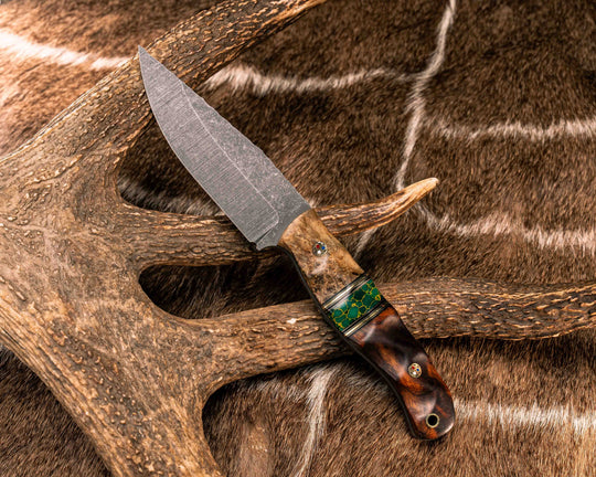 Crow Jr- Amboyna Burl, Black G10 and Brass Pin Striping, Arizona Jade Tru-stone Split, Desert Ironwood, Patriot Mosaic Pins, Brass Lanyard Pin, Textured Grip