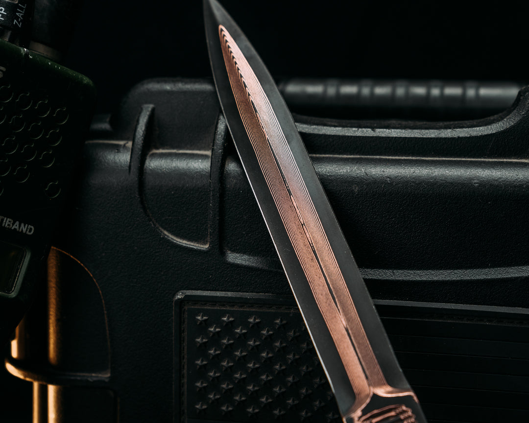 V-42 Dagger- Baker Forge Random Pattern CopperMai- Hawaiian Curly Koa, Copper Patriot Mosaic Pins, Smooth Grip