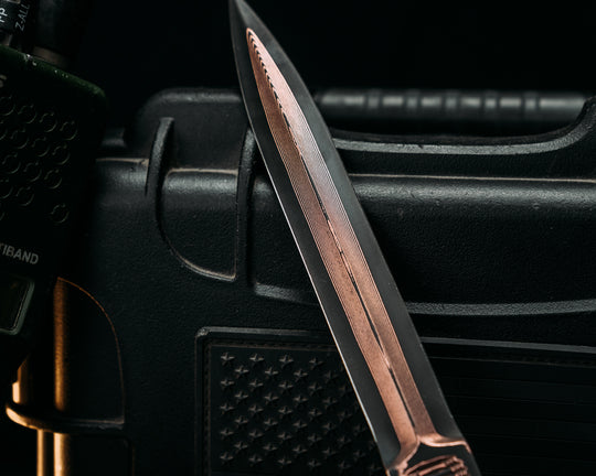 V-42 Dagger- Baker Forge Random Pattern CopperMai- Hawaiian Curly Koa, Copper Patriot Mosaic Pins, Smooth Grip
