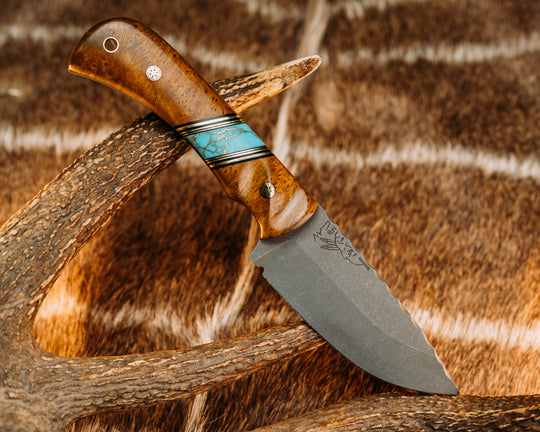 Cavner- Asian Gempol, Black G10 and Brass Pin Striping, Turquoise with Gold Web Tru-stone Split, Mosaic Pins, Brass Lanyard Pin, Contoured Grip