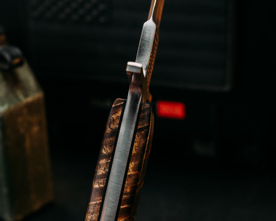 V-42 Dagger- Baker Forge Random Pattern CopperMai- Hawaiian Curly Koa, Copper Patriot Mosaic Pins, Smooth Grip