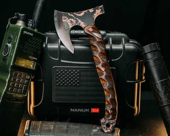 Mini Viking Hawk- Baker Forge Random Pattern CopperMai- Hawaiian Curly Koa, Copper Patriot Pins, Textured Grip