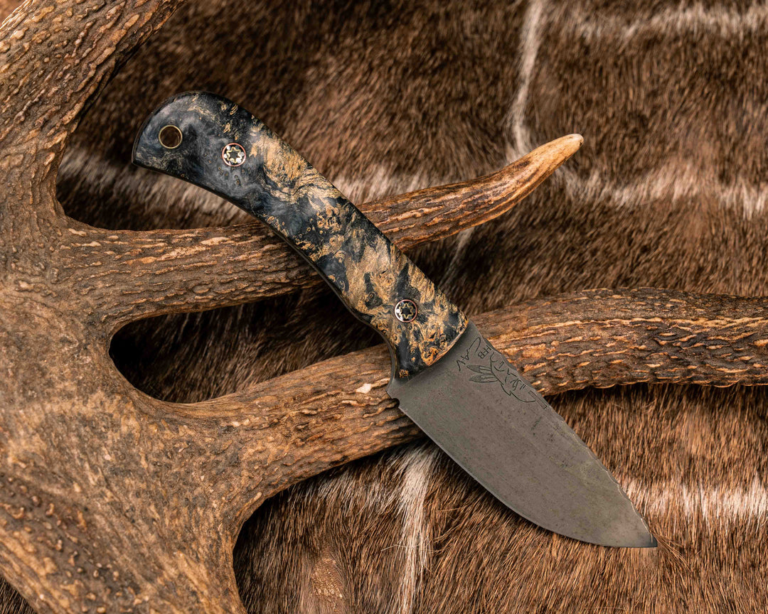 Cav Jr- Dyed Buckeye Burl, Mosaic Pins, Brass Lanyard Pin, Textured Grip