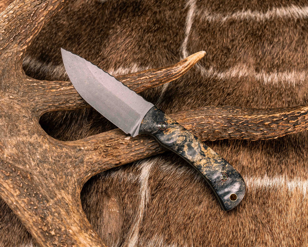 Cav Jr- Dyed Buckeye Burl, Mosaic Pins, Brass Lanyard Pin, Textured Grip