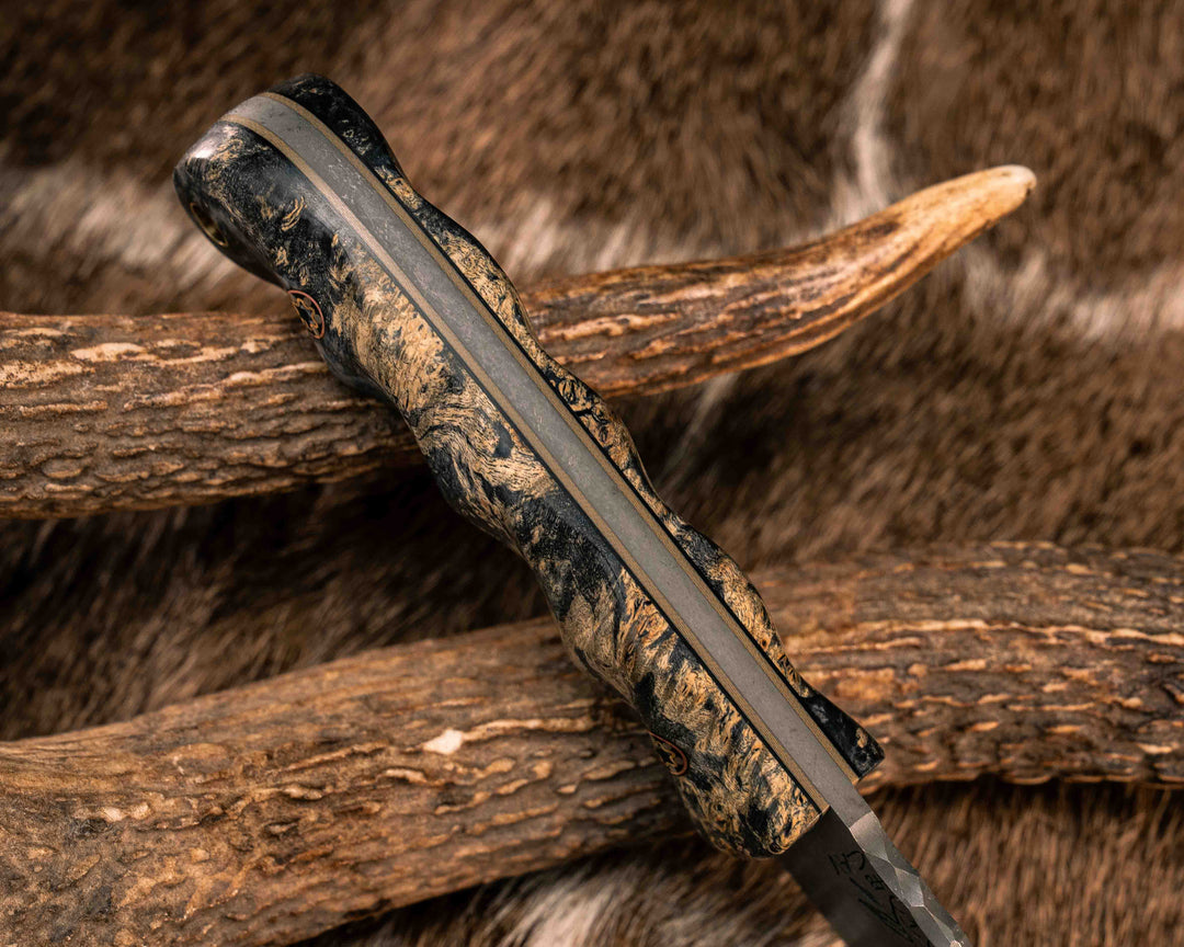 Cav Jr- Dyed Buckeye Burl, Mosaic Pins, Brass Lanyard Pin, Textured Grip