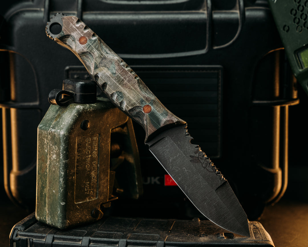Disaster Jr- Crow Jr Hybrid- Navy S.E.A.L Multicam Canvas Micarta, Brown Canvas Micarta, Textured Grip