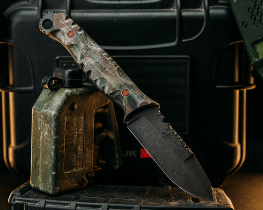 Disaster Jr- Crow Jr Hybrid- Navy S.E.A.L Multicam Canvas Micarta, Brown Canvas Micarta, Textured Grip