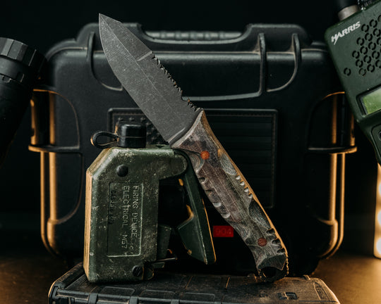 Disaster Jr- Crow Jr Hybrid- Navy S.E.A.L Multicam Canvas Micarta, Brown Canvas Micarta, Textured Grip