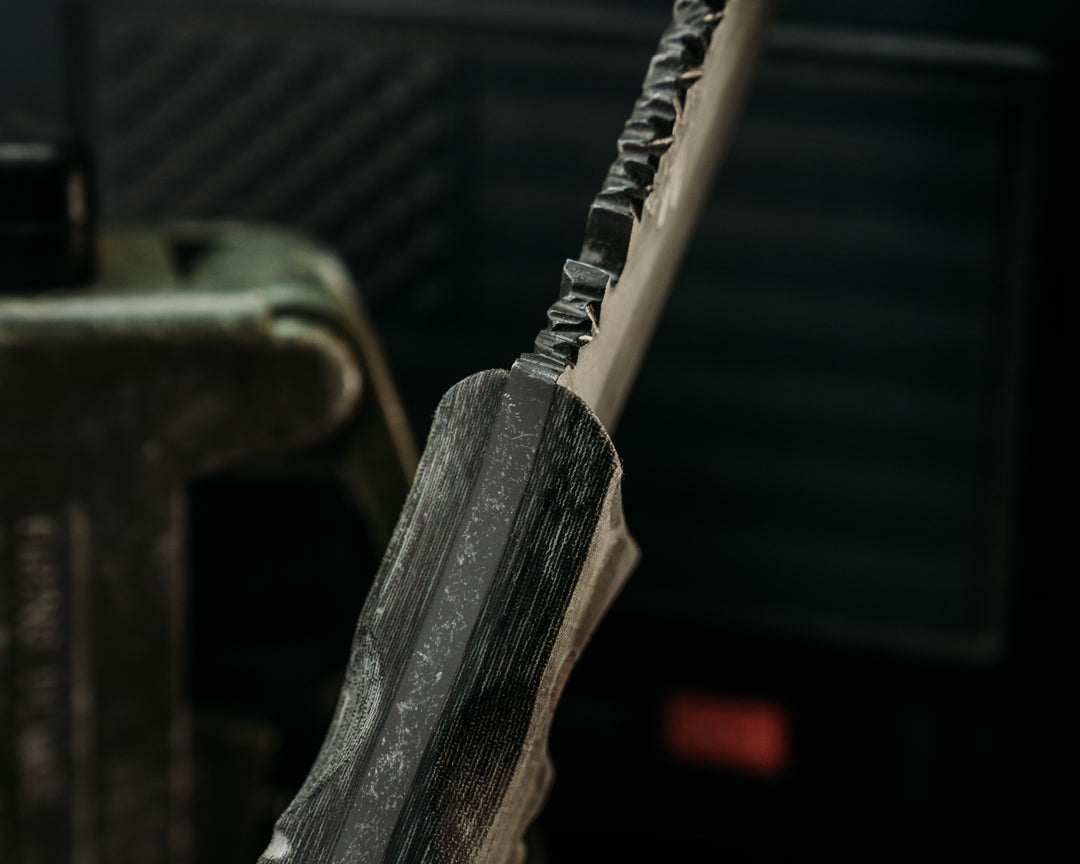 Disaster Jr- Crow Jr Hybrid- Navy S.E.A.L Multicam Canvas Micarta, Brown Canvas Micarta, Textured Grip