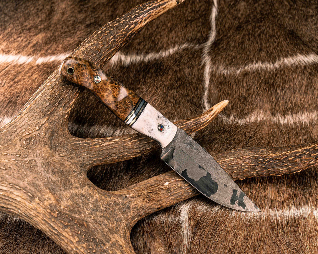 Crow Jr- Elk Antler, Black G10, Brass and Aluminum Split, Amboyna Burl, Patriot Mosaic Pins, Brass Lanyard Pin, Textured Grip