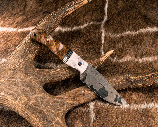 Crow Jr- Elk Antler, Black G10, Brass and Aluminum Split, Amboyna Burl, Patriot Mosaic Pins, Brass Lanyard Pin, Textured Grip