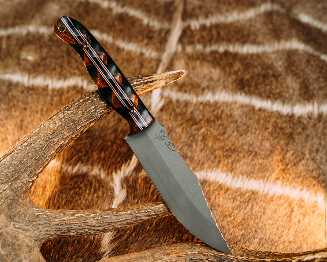 Crow Scout- Desert Ironwood Over Black Burlap Micarta, Black, Red, White and Blue G10 Split, Patriot Mosaic Pins, Brass Lanyard Pin, Textured Grip