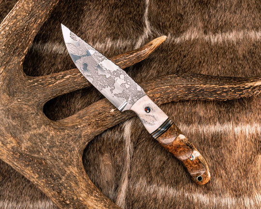 Crow Jr- Elk Antler, Black G10, Brass and Aluminum Split, Amboyna Burl, Patriot Mosaic Pins, Brass Lanyard Pin, Textured Grip