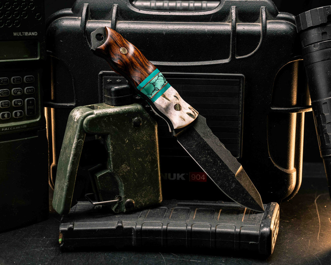 Disaster Jr Gen 3- Elk Antler, Teal G10 and Copper Pin Striping, Green Dragon Skin Tru-stone Split, Desert Ironwood, Mosaic Pins, Textured Grip