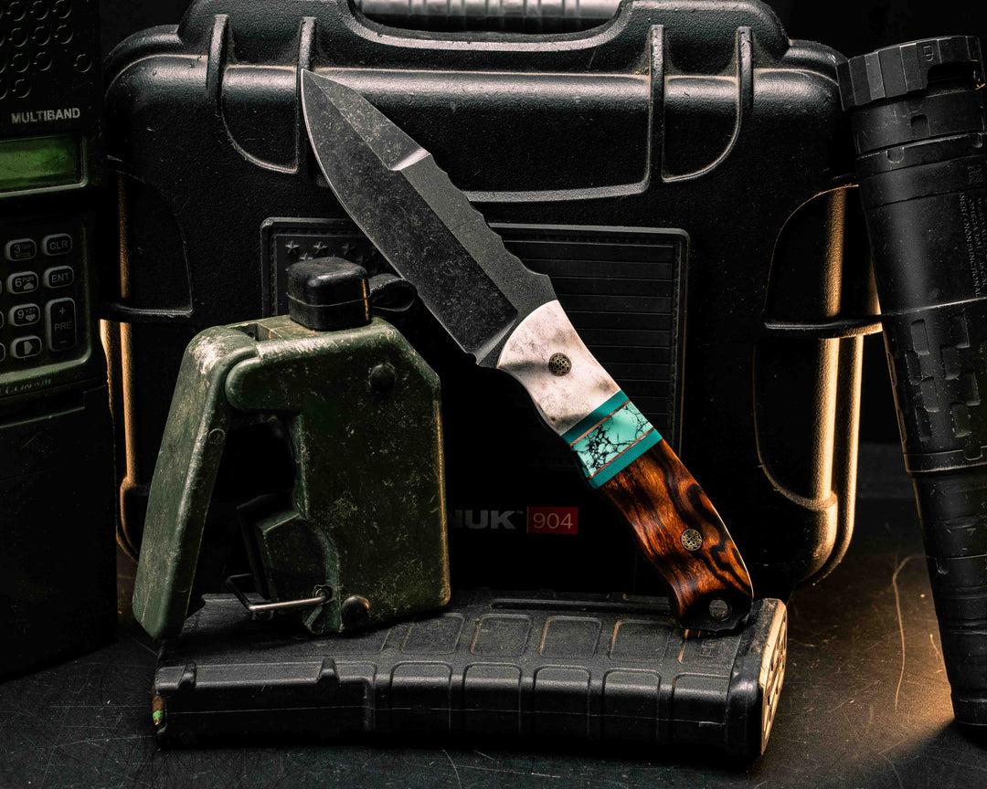 Disaster Jr Gen 3- Elk Antler, Teal G10 and Copper Pin Striping, Green Dragon Skin Tru-stone Split, Desert Ironwood, Mosaic Pins, Textured Grip