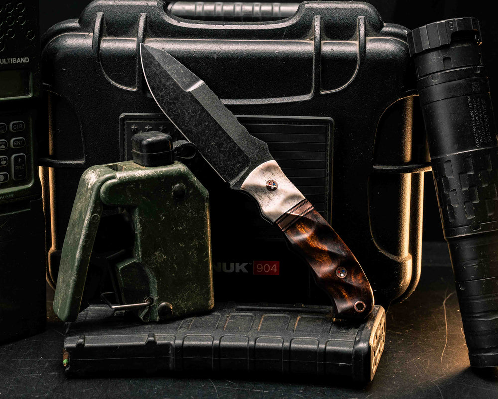 Disaster Jr Gen 3- Elk Antler, Black G10 and Copper Split, Desert Ironwood, Copper Patriot Mosaic Pins, Copper Lanyard Pin, Textured Grip
