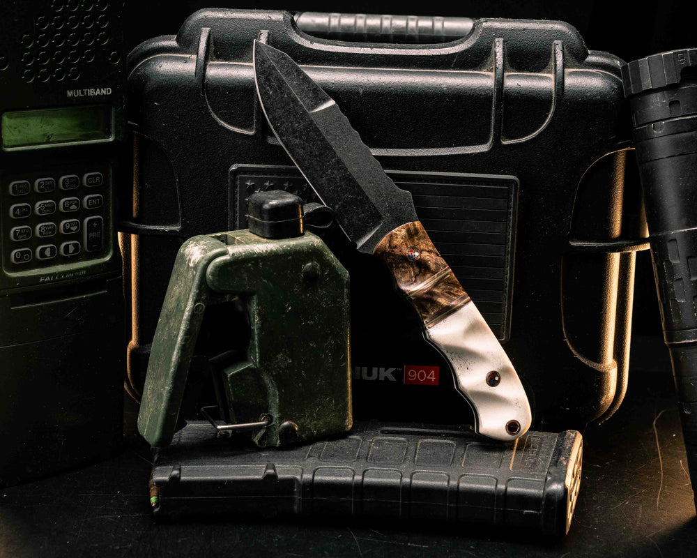 Disaster Jr Gen 3- Chechen Caribbean Rosewood, OD Green G10, Copper and White G10 Pin Striping, Chechen Caribbean Rosewood Split, Elk antler, Copper Patriot Mosaic Pins, Copper Lanyard Pin, Textured Grip